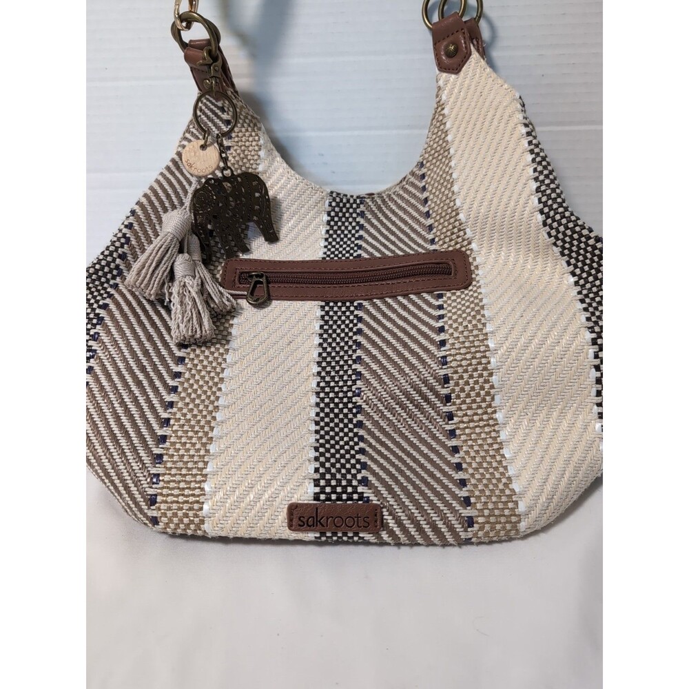 SAKROOTS ROMA PURSE CROSSBODY with REPLACEMENT STRAP BEIGE/MULTI WOVEN READ DESC